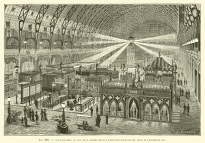 Nighttime Overview of the Great Nave of the Electricity Exhibition, Taken from the East End by French School